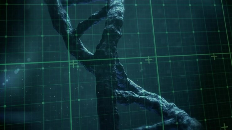 Animation of dna rotating over chromosomes on green background
