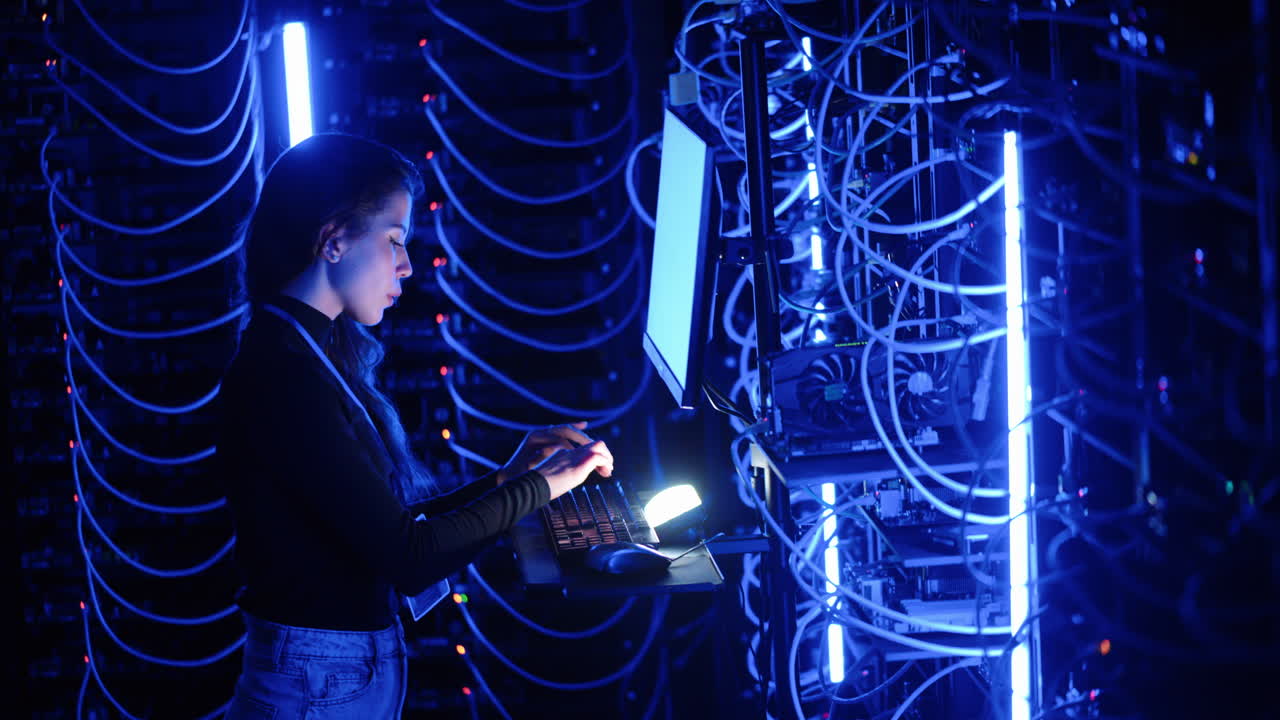 Woman programming in a server room