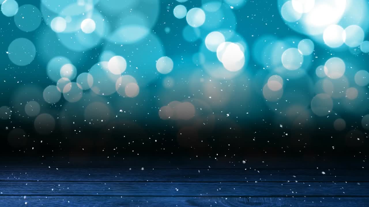 복사 공간과 나무 보드와 함께 빛의 반점 위에 떨어지는 눈의 애니메이션