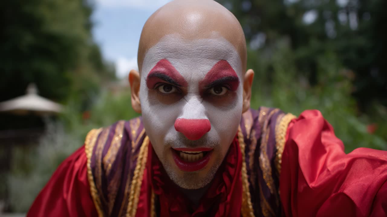 A Menacing Clown with Colorful Makeup and Intense Gaze Thrills onlookers in a Mysterious Garden Setting, Blending Joy with a Hint of Danger