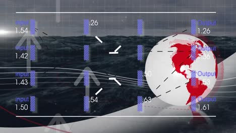 Animation-of-interface-with-data-processing-and-spinning-globe-against-sea-waves