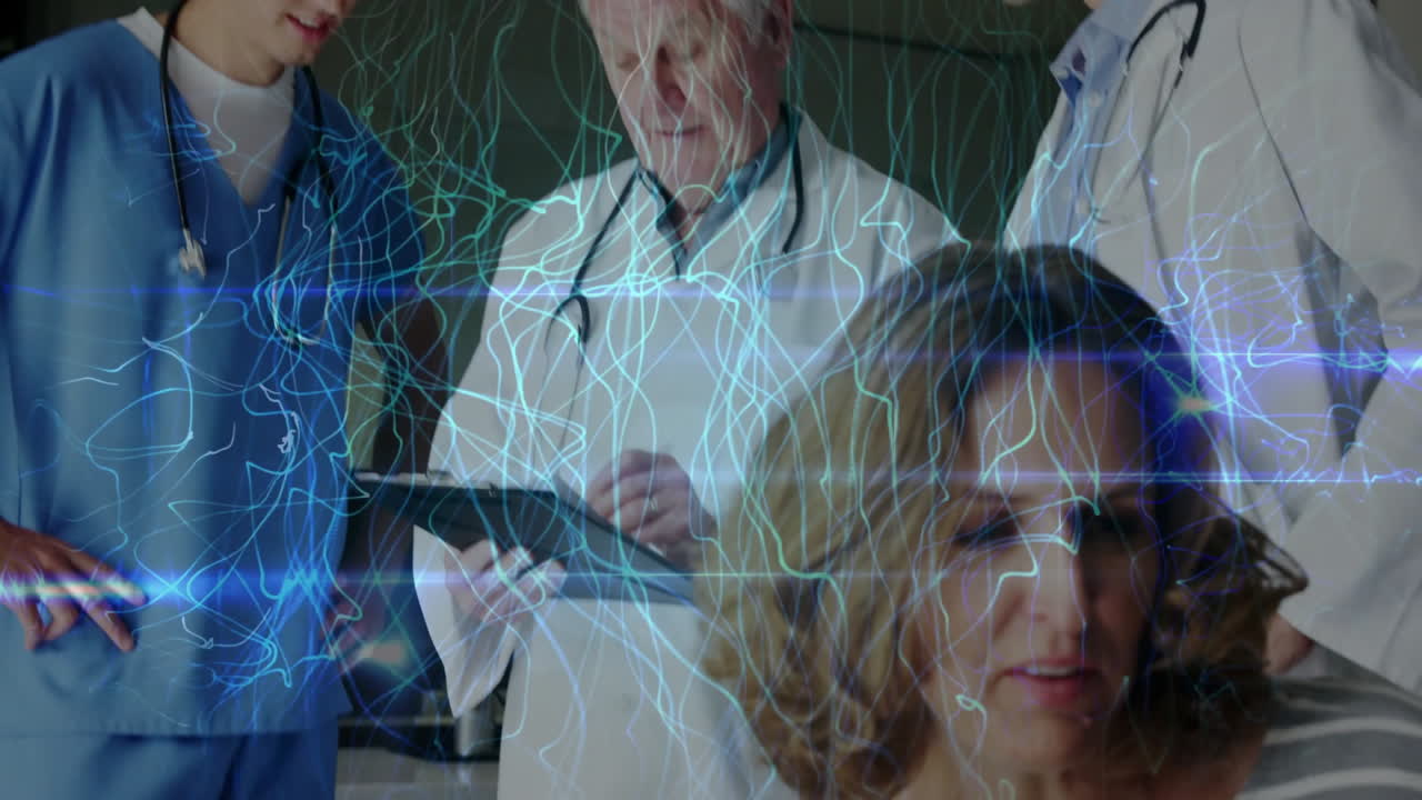 medical team clustering around tablet in lab, exploring floating circuit and neural data visuals