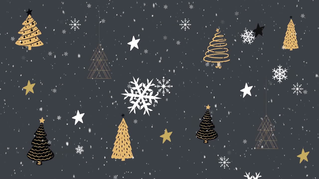 Christmas trees and stars with snowflakes animation on dark background