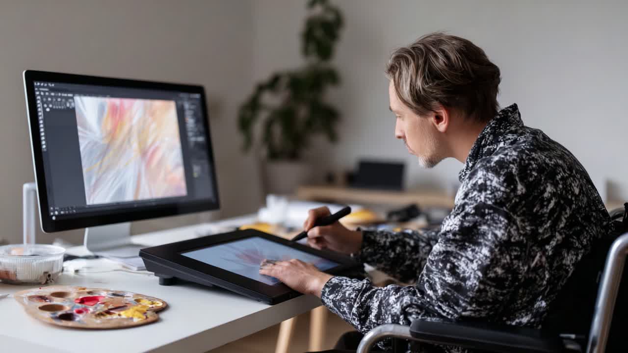Espressione creativa: un artista al lavoro che usa un tablet digitale per progettare e creare illustrazioni in uno spazio di lavoro moderno con una palette di colori nelle vicinanze