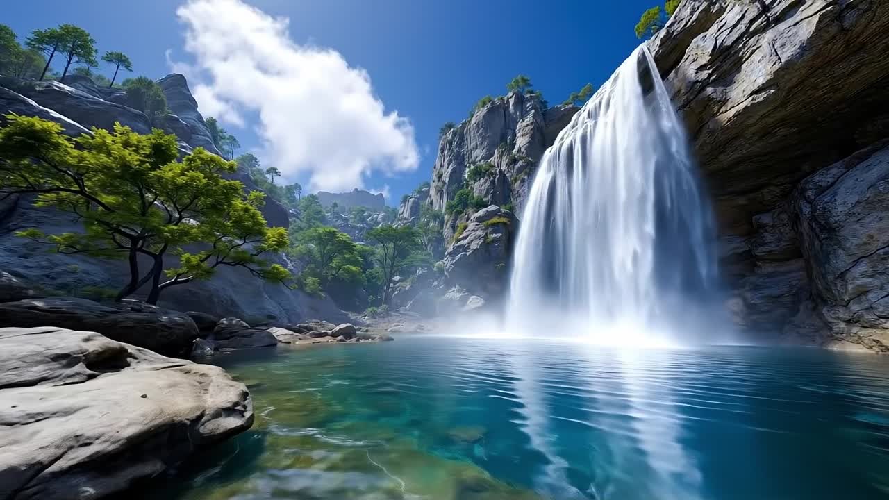 A large waterfall in the middle of a rocky landscape