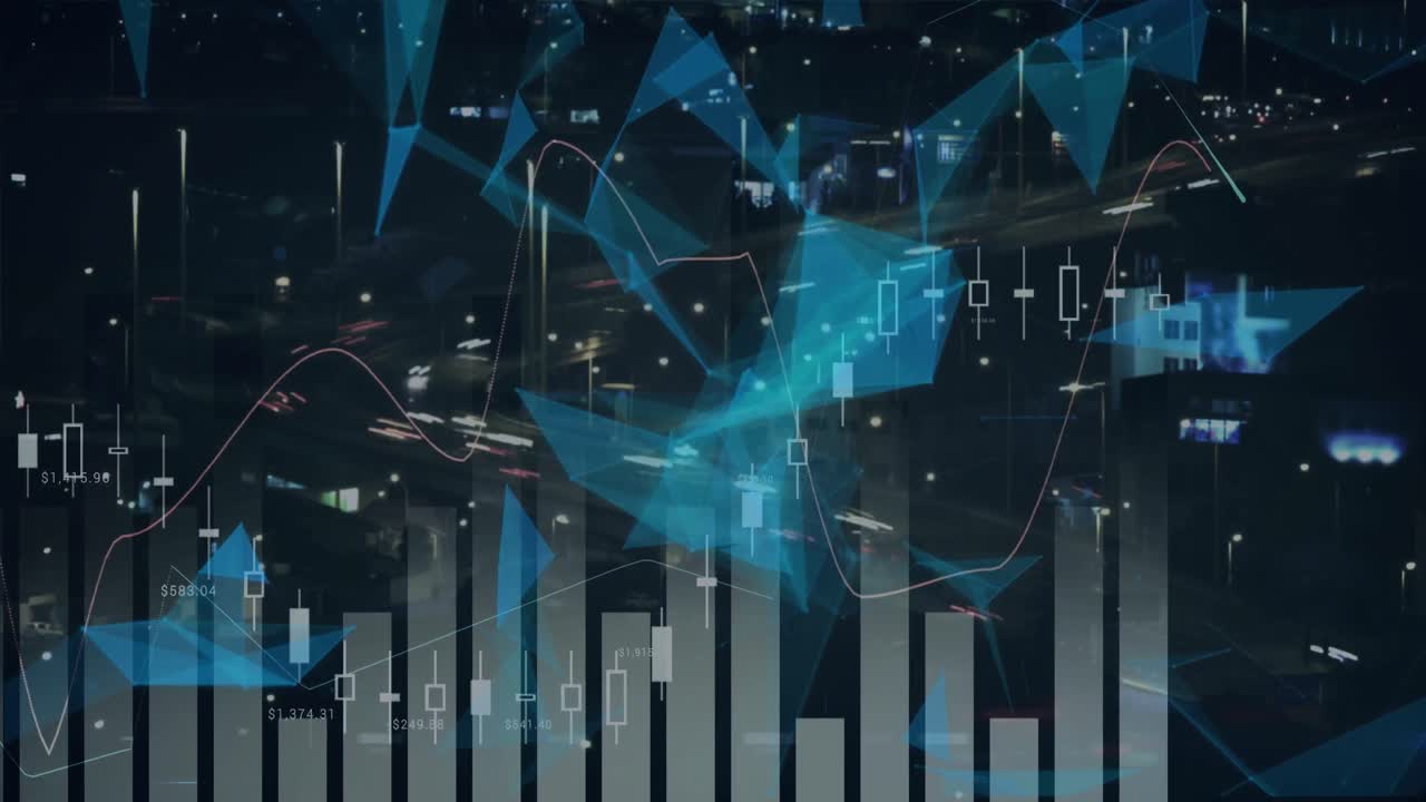 길거리에서 움직이는 차량의 시간 간격에 따라 3d 삼각형과 다중 그래프의 애니메이션
