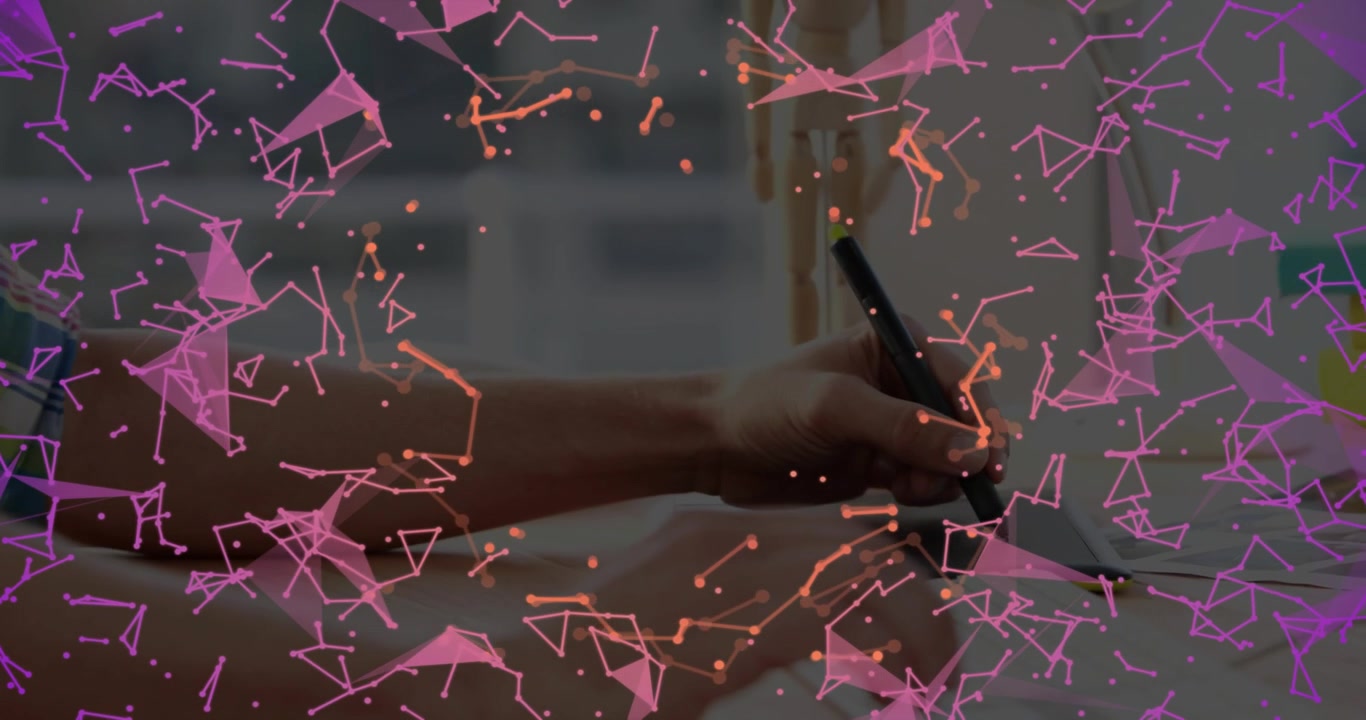 Particle overlay emerging initiating hands typing tapping drawing on tablet while guiding sketch