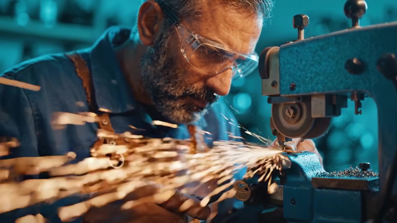 Artigiano Qualificato nella Lavorazione di Precisione dei Metalli con Macchinari, Crea Parti Intricate Producendo Scintille, Mostrando Maestria ed Esperienza