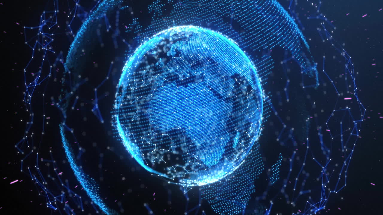 Animation of shapes moving over spinning globes