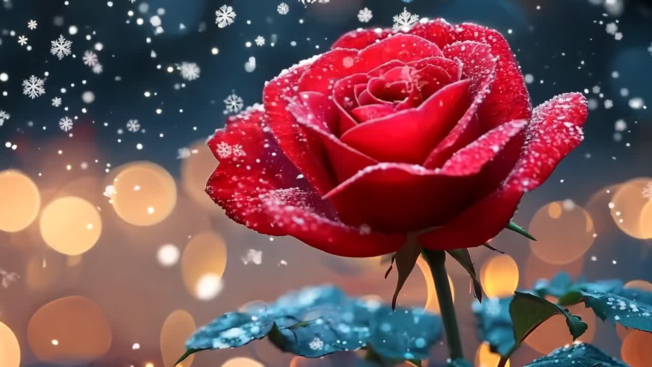 A red rose is the main focus of the image, with a blurry background and a snowy setting. The rose is surrounded by a few other flowers, but it stands out as the most prominent and beautiful one