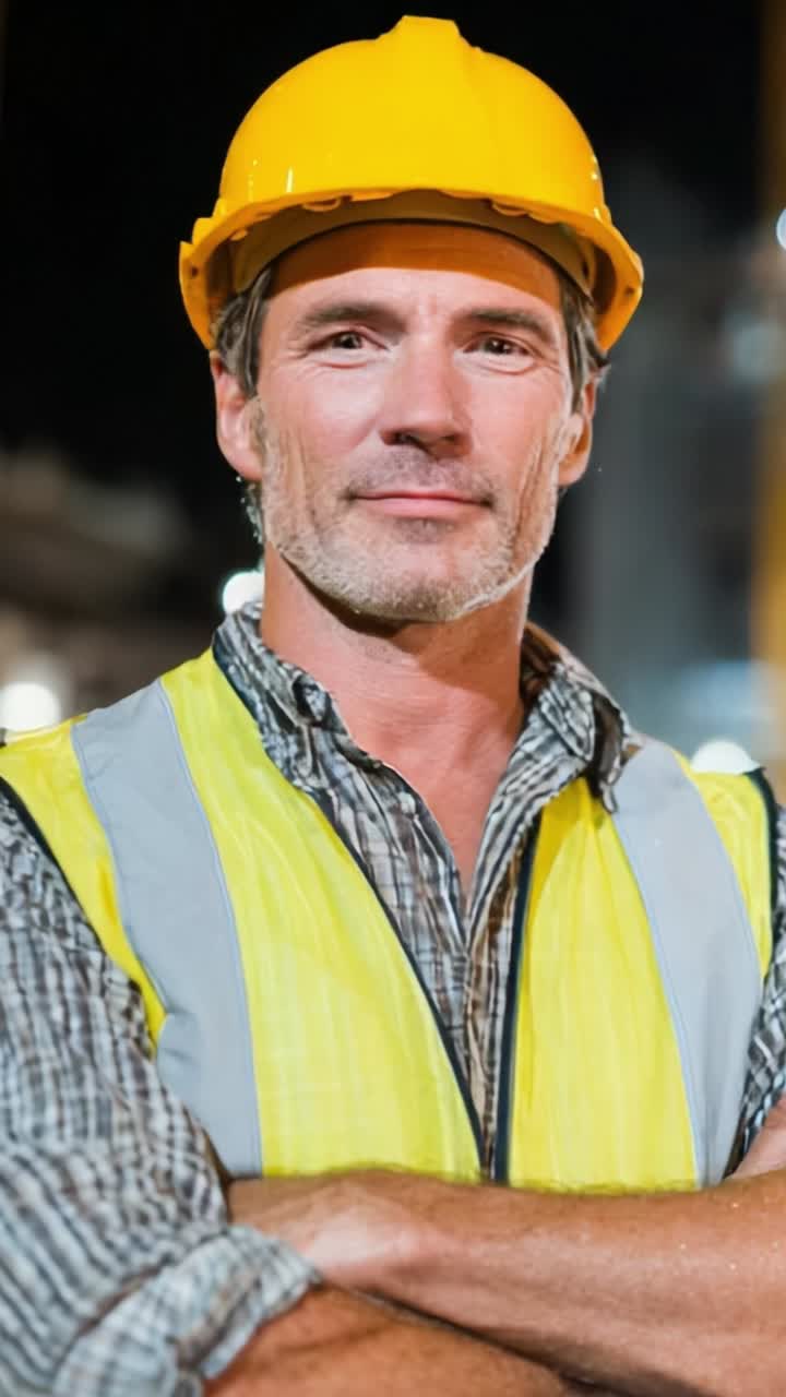 Operaio edile sicuro di sé con indumenti protettivi di notte, che mostra dedizione e professionalità sul posto di lavoro con un cappello giallo e un gilet riflettente