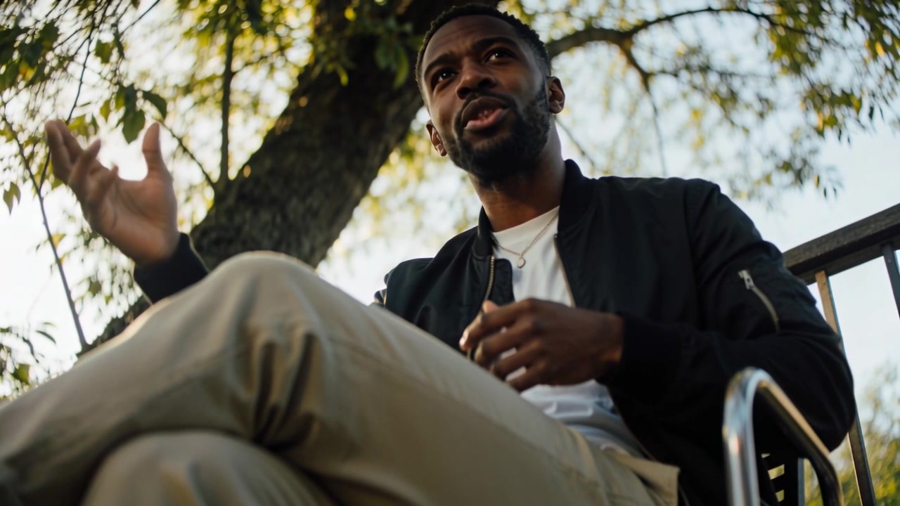 Talking speaker starting discussion at park bench under tree, gesturing hands and adjusting jacket