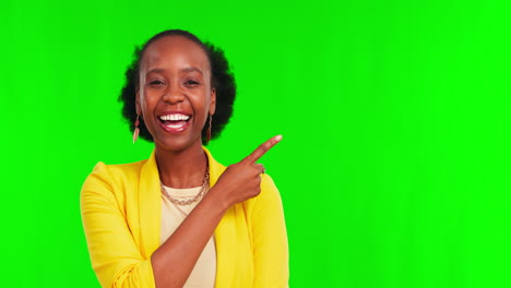 Green-screen,-pointing-and-face-of-black-woman