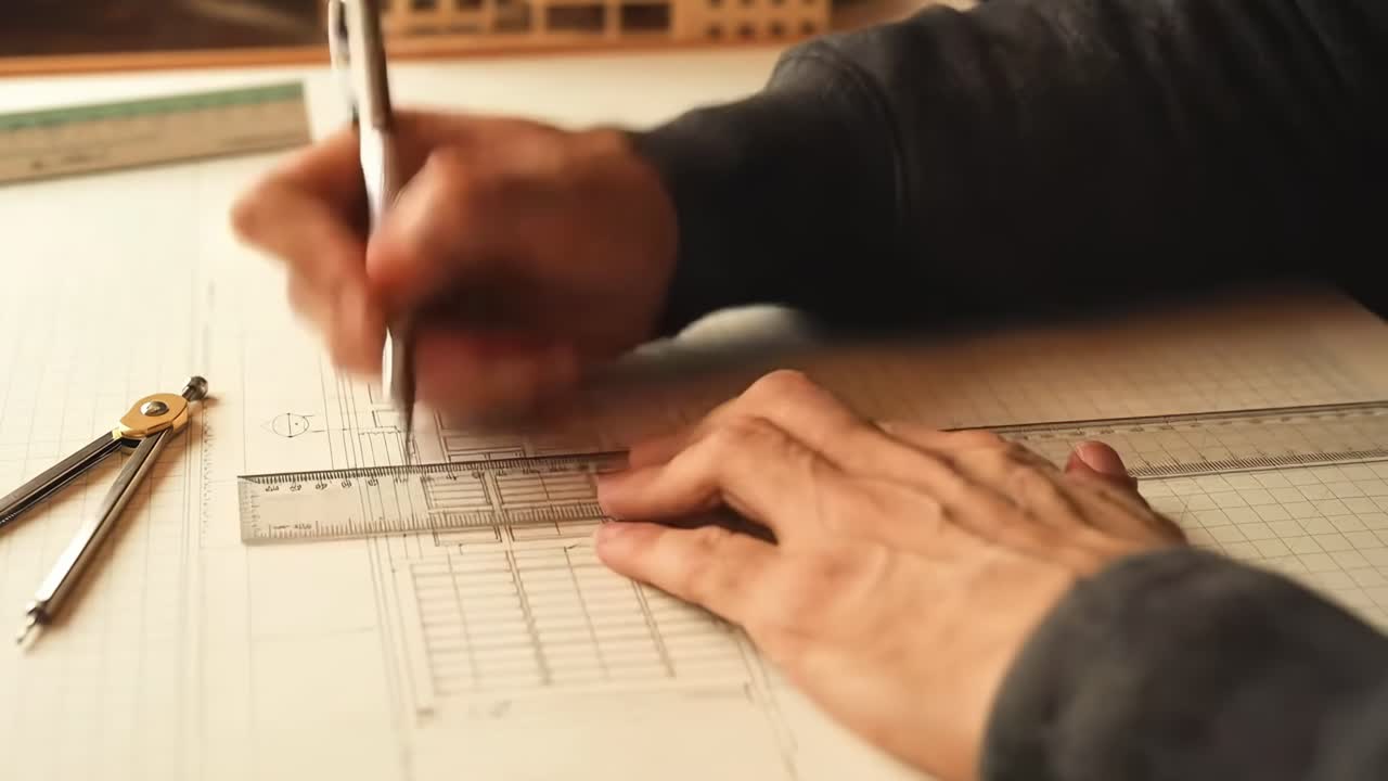 Nærbilledvideo fra en vinkel af hænder, der tegner arkitektplaner, som viser præcision og kreativitet.