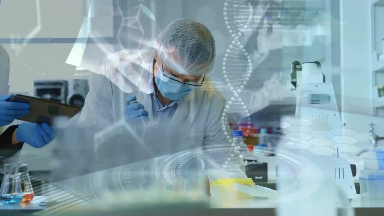 animación de cadenas de adn y procesamiento de datos en diversos científicos en el laboratorio