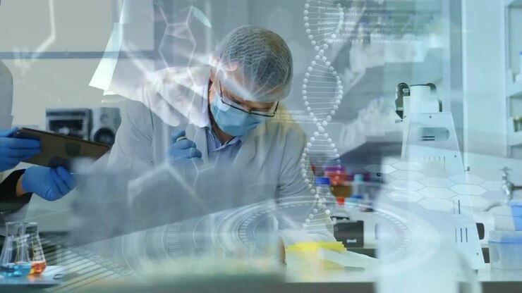 Animation of dna strand and data processing over diverse scientists in lab