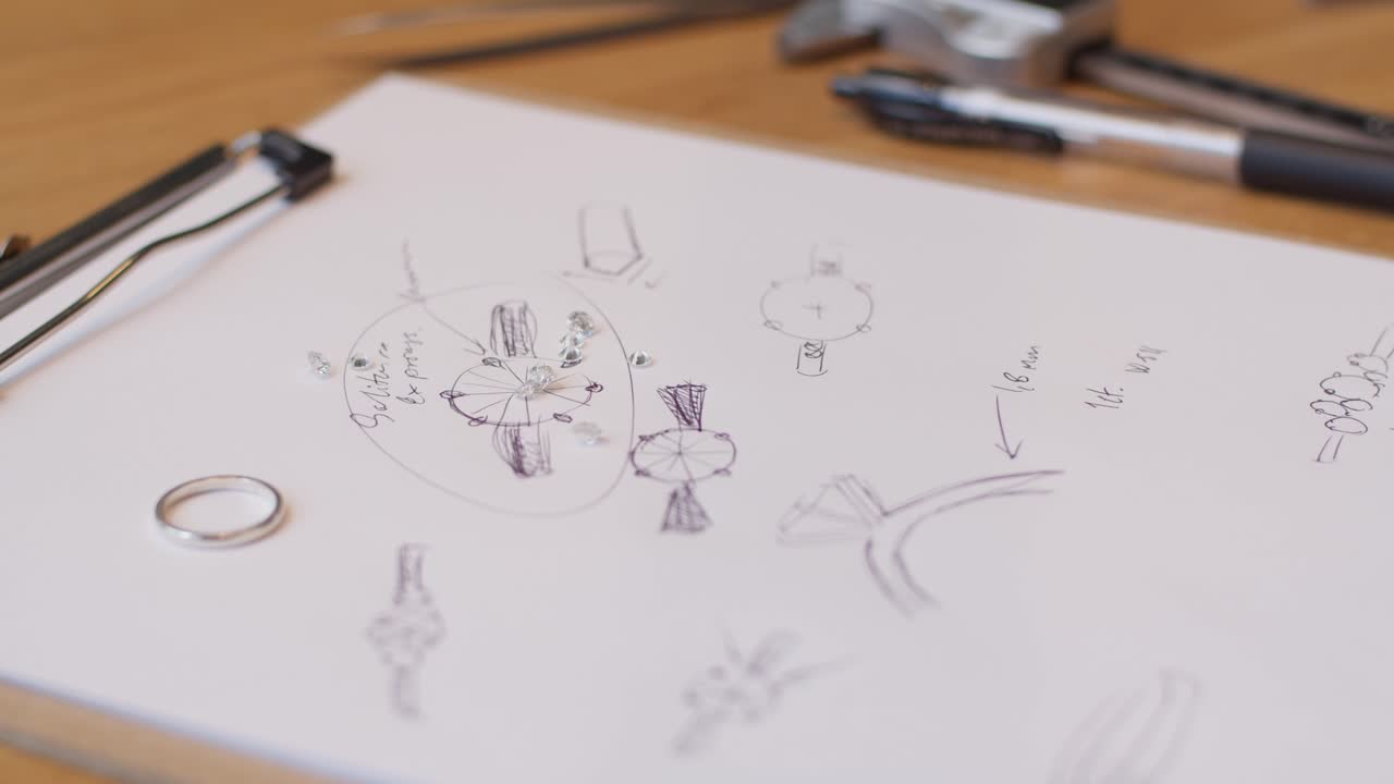 diamantes reales aterrizando en un boceto de un anillo de diamantes en cámara lenta