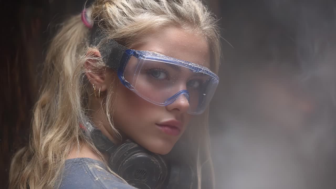 A Young Woman with Protective Gear and Focused Gaze Captured in a Smoky Environment, Showcasing Safety and Determination in Her Expression