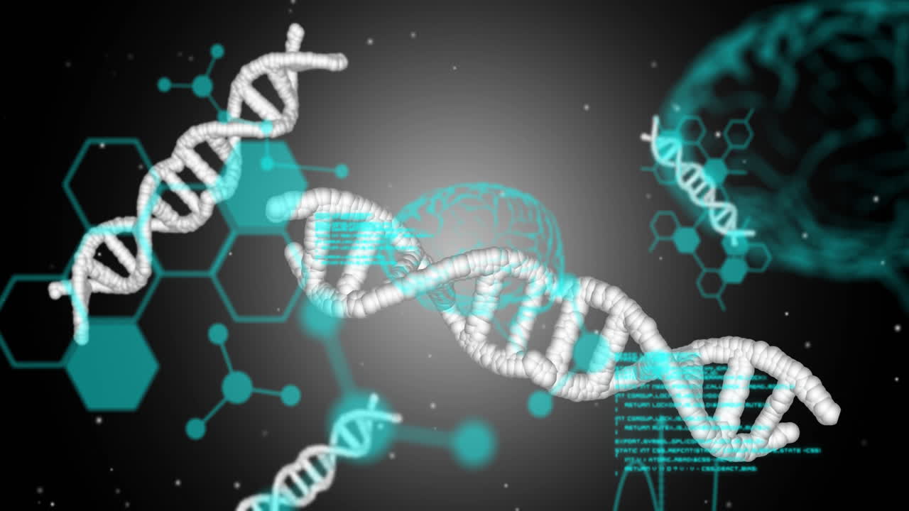 Animation of elements, brains, dna strands and data processing on dark background