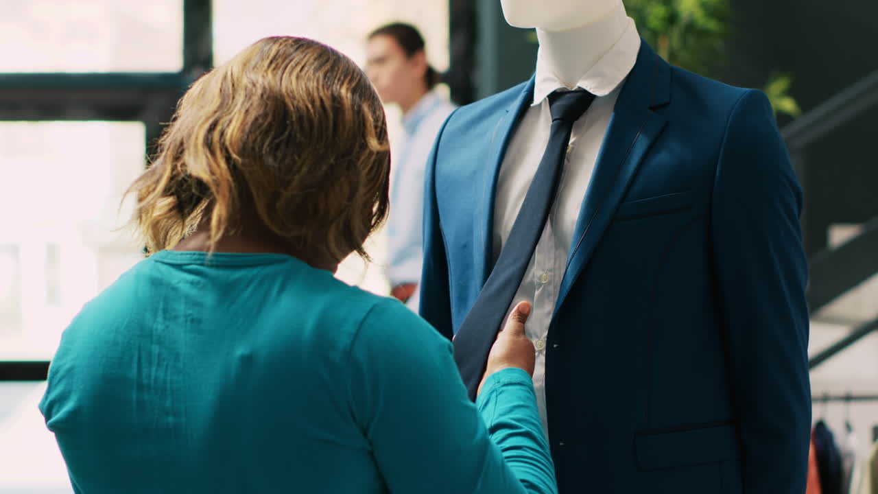 женщина проверяет модный костюм