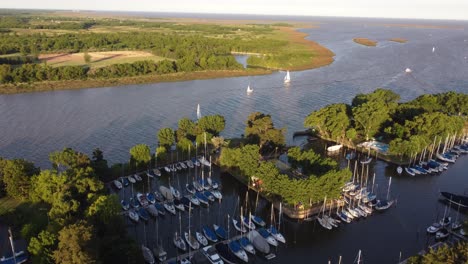 san isidro yacht club along rio de la plata river at sunset