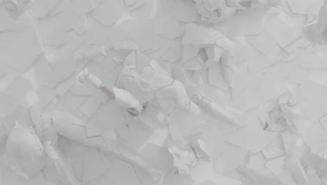 white, crushed android body parts on a foggy junkyard