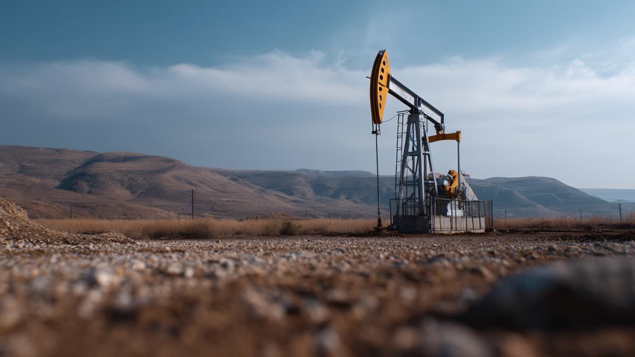 A serene landscape features an oil pump jack amid distant hills, showcasing the juxtaposition of industrial machinery against natural beauty in this striking visual