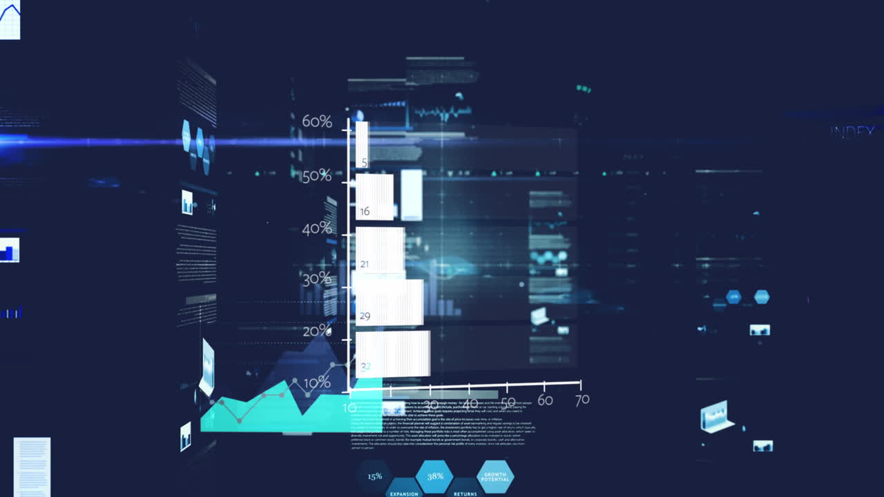 Animation of data processing and light trails on black background