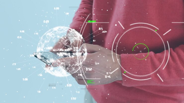 Animation of interference with globe and scope scanning over caucasian man using smartphone