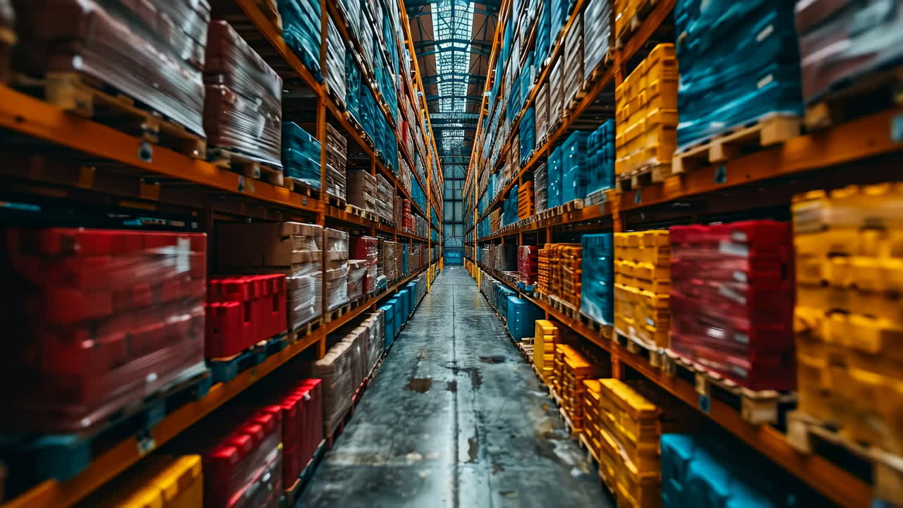 Rows of boxes in a warehouse. Workers are moving around a large warehouse filled with colorful boxes and pallets