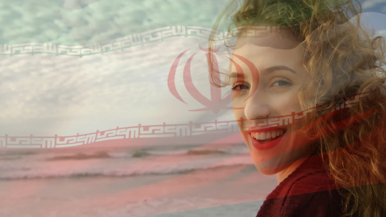 Holding Iranian flag overlay, woman smiling at beach with animation effect
