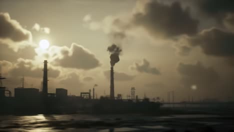 a dramatic industrial skyline under a cloudy sky at dusk, showcasing smokestacks and power lines amidst glimpses of sunlight and shadows