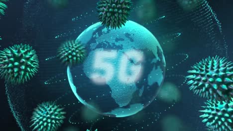 animation of 5g written over coronavirus cells spreading on blue background.