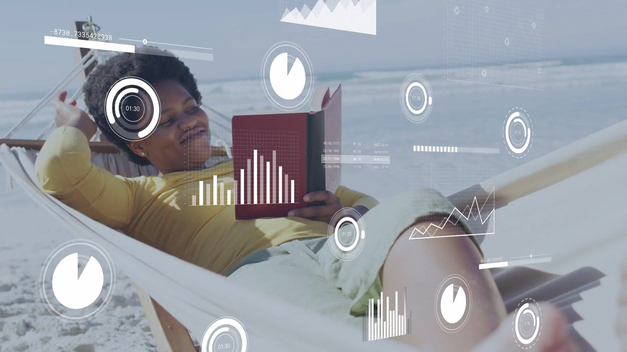 Woman lying in hammock on sand, shifting red book, causing tech HUD animating while reading