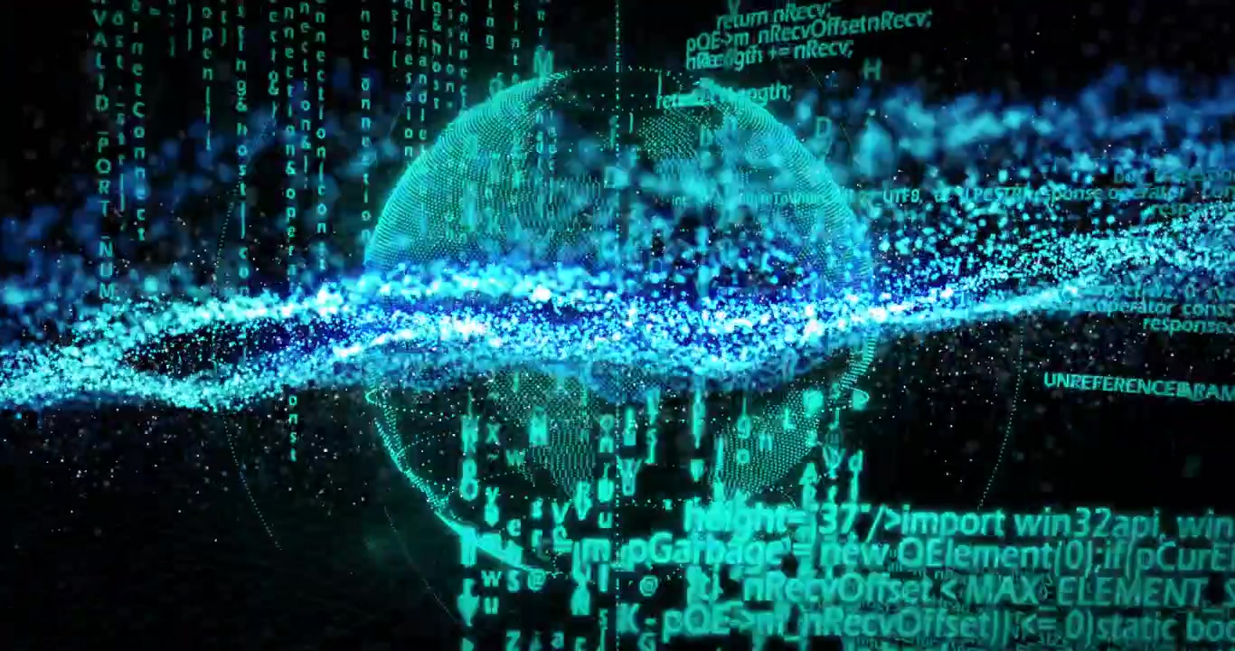 Particle band starting sweep across teal globe rotating as code lines scrolling, showing data flow