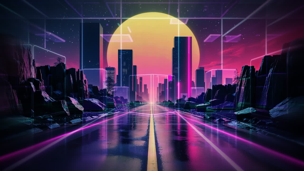 Neon Grid Road Leading to a Synthwave Cityscape at Sunset