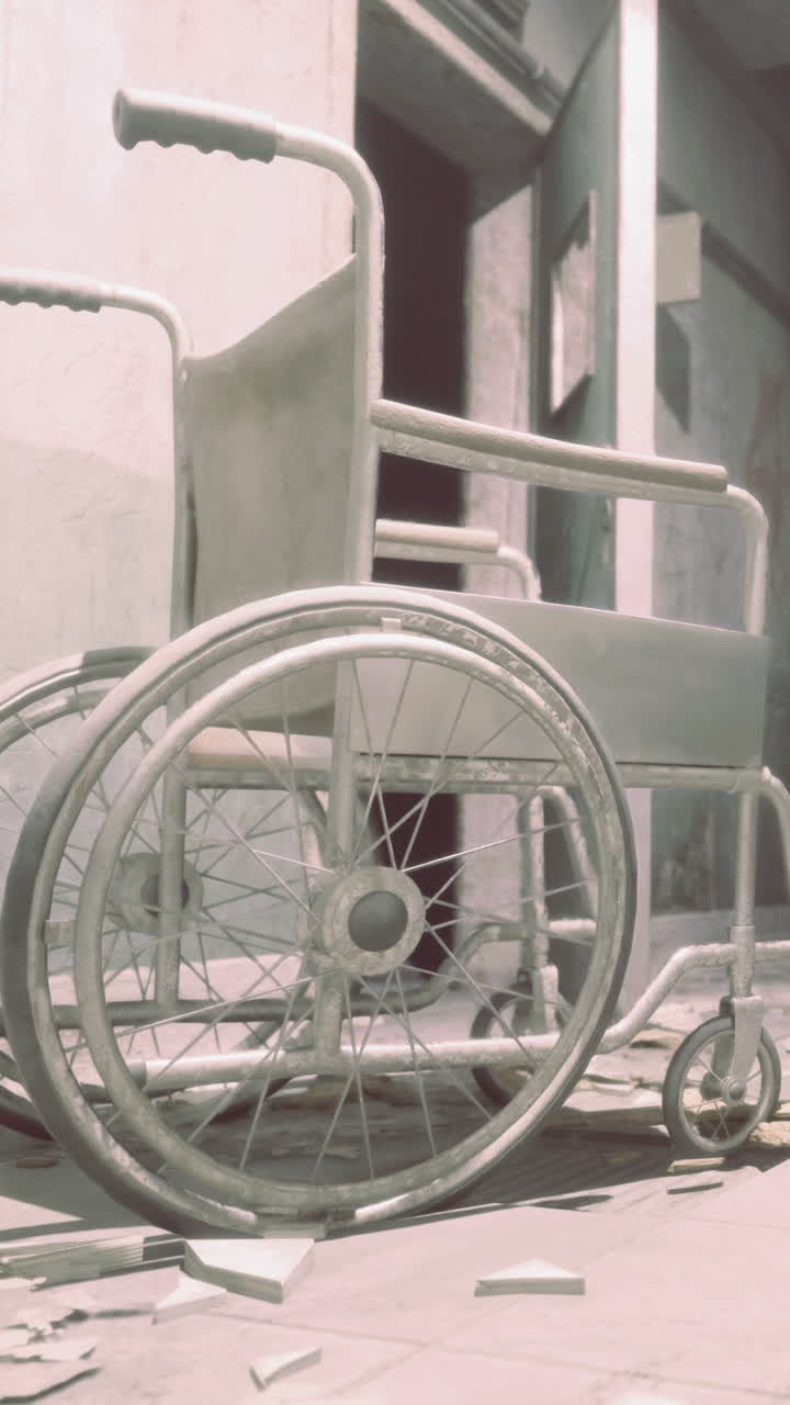 Silla de ruedas vieja apoyada contra una pared olvidada en un espacio desierto