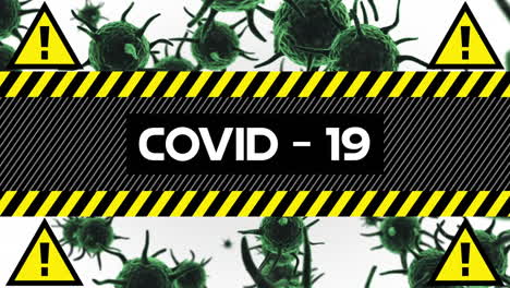 yellow and black police tapes with covid-19 text against covid-19 cells moving