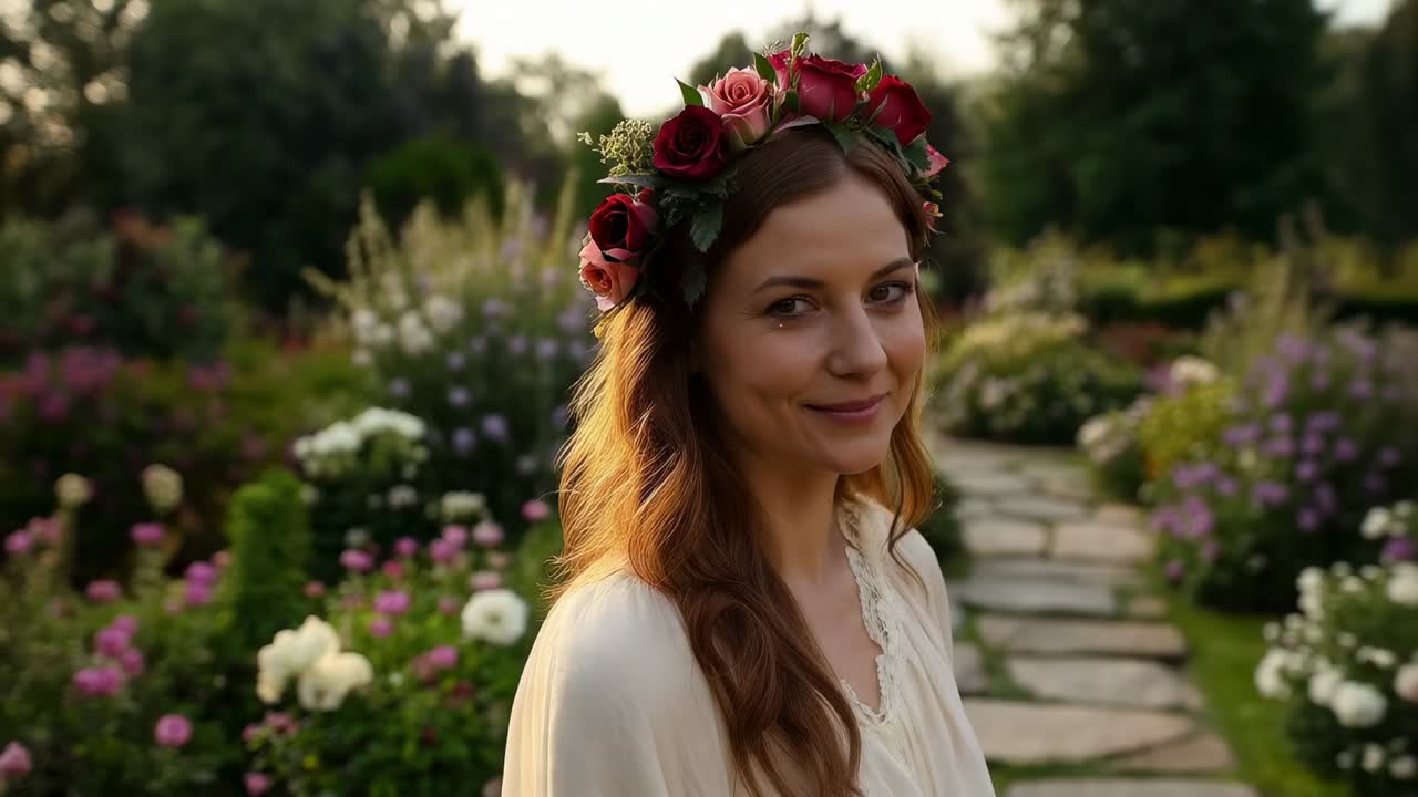 Camera zooming, woman in cream blouse with floral crown stepping to camera on stone path, smiling
