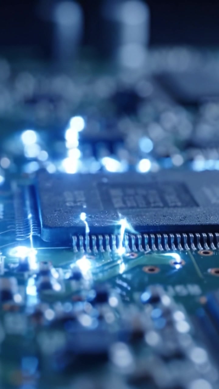 Close-Up Perspectives of a Circuit Board, Showcasing Intricate Microchip Components and Connections in a High-Technology Environment