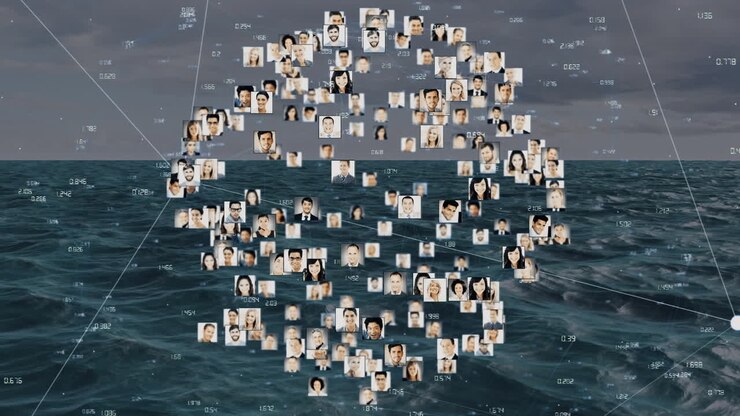 Animazione di una rete di connessioni con foto di persone sul mare