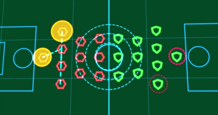 Transparent HUD showing grid tracing dotted path from yellow marker to center marking green shields