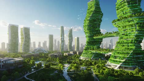 a vision of sustainable urban living: innovative green architecture integrated with nature in a futuristic cityscape