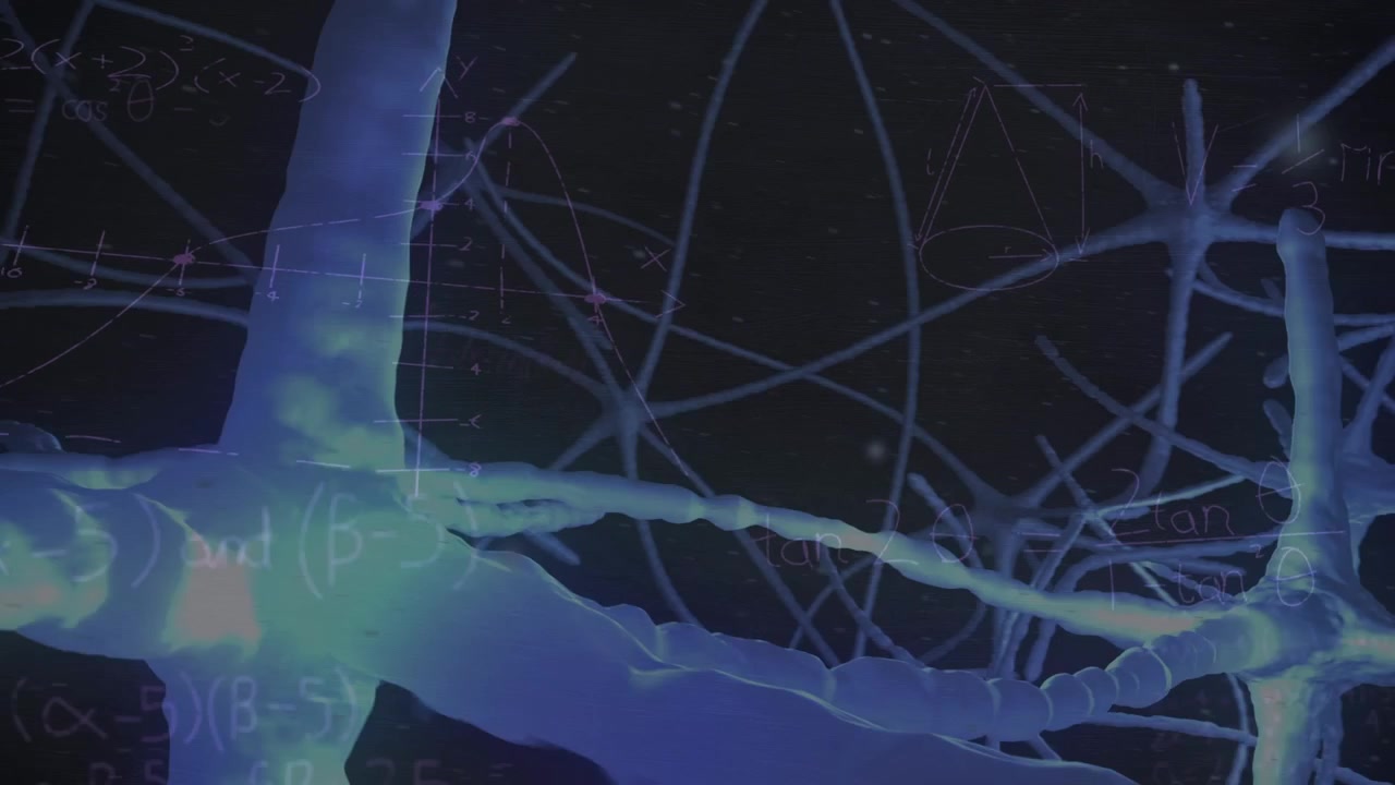 Animation of mathematical equations over neurons on black background