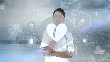 el médico toca la pantalla de la interfaz digital virtual