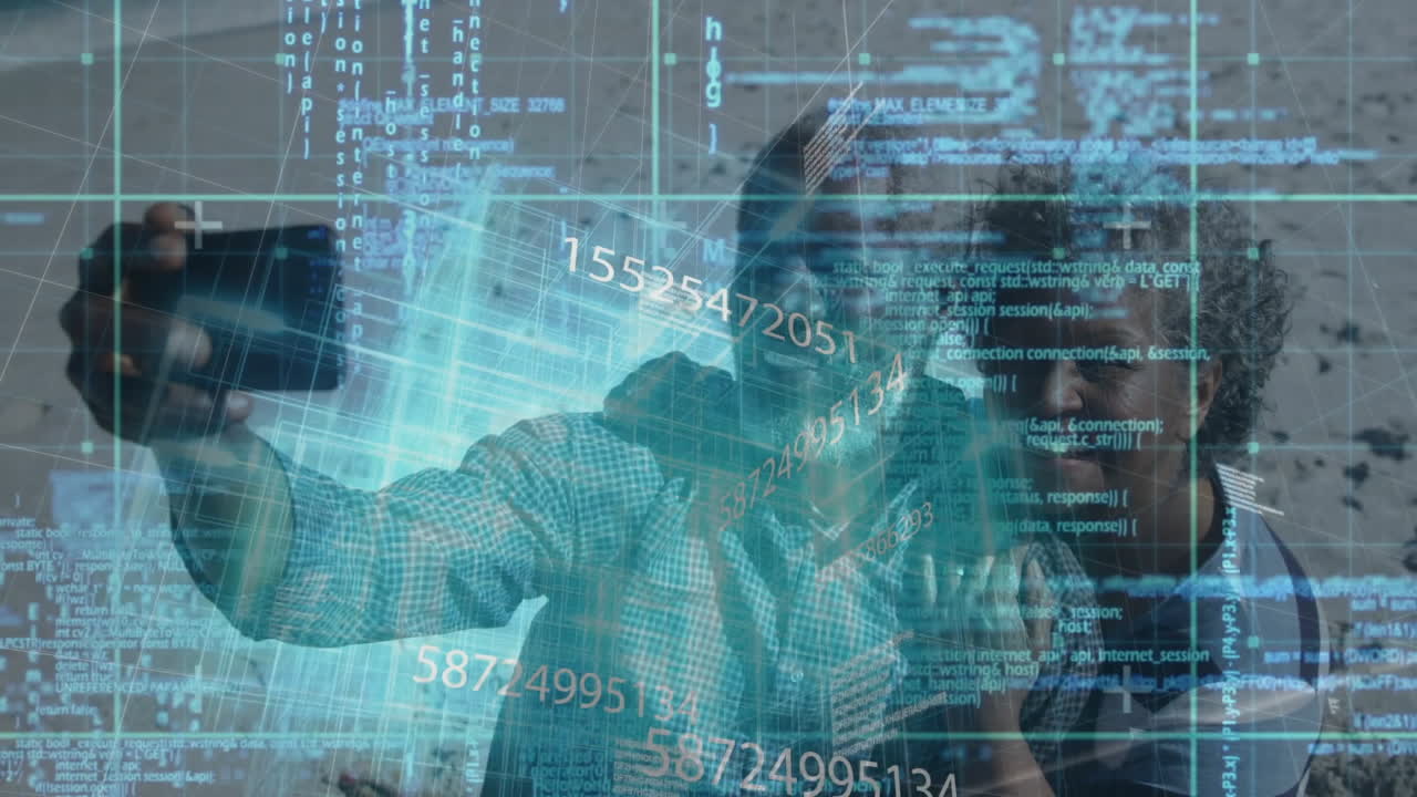 Digital data and coding animation over people interacting with virtual interface