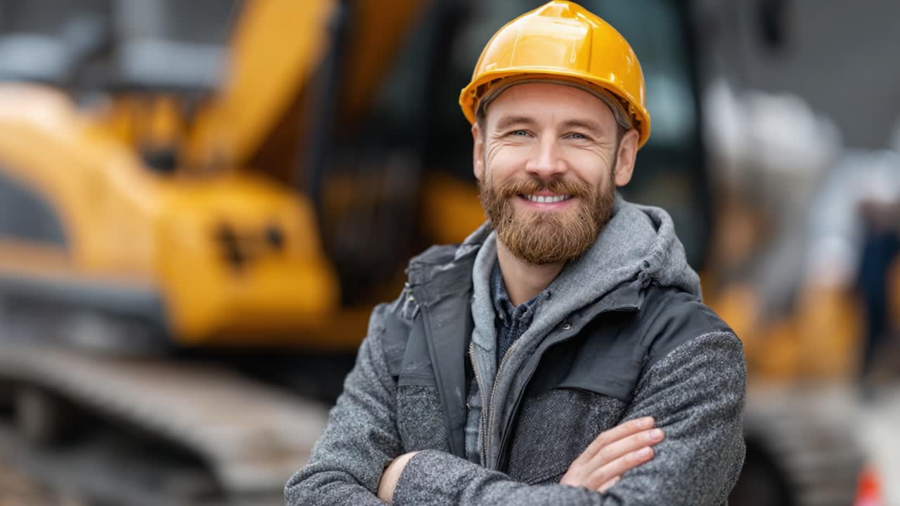 Confident Construction Professional with Safety Helmet Smiling on Job Site, Showcasing Skills and Dedication to Industry Standards
