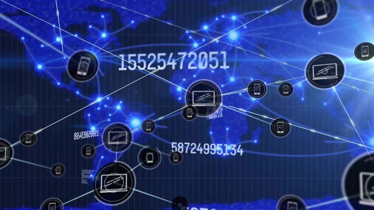 Animation of network of digital icons and changing numbers against glowing light trails on world map