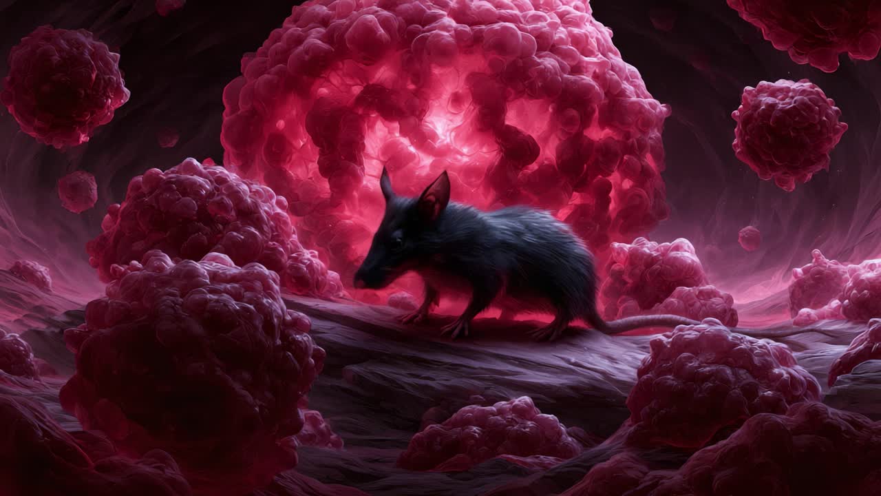 En spændende udforskning af en mus midt i en levende mikroskopisk verden af røde celler og pulserende strukturer i en surrealistisk kosmisk ramme.