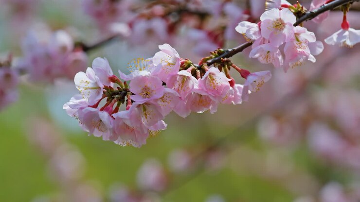 Close-up of Pink Cherry Blossoms on a Branch